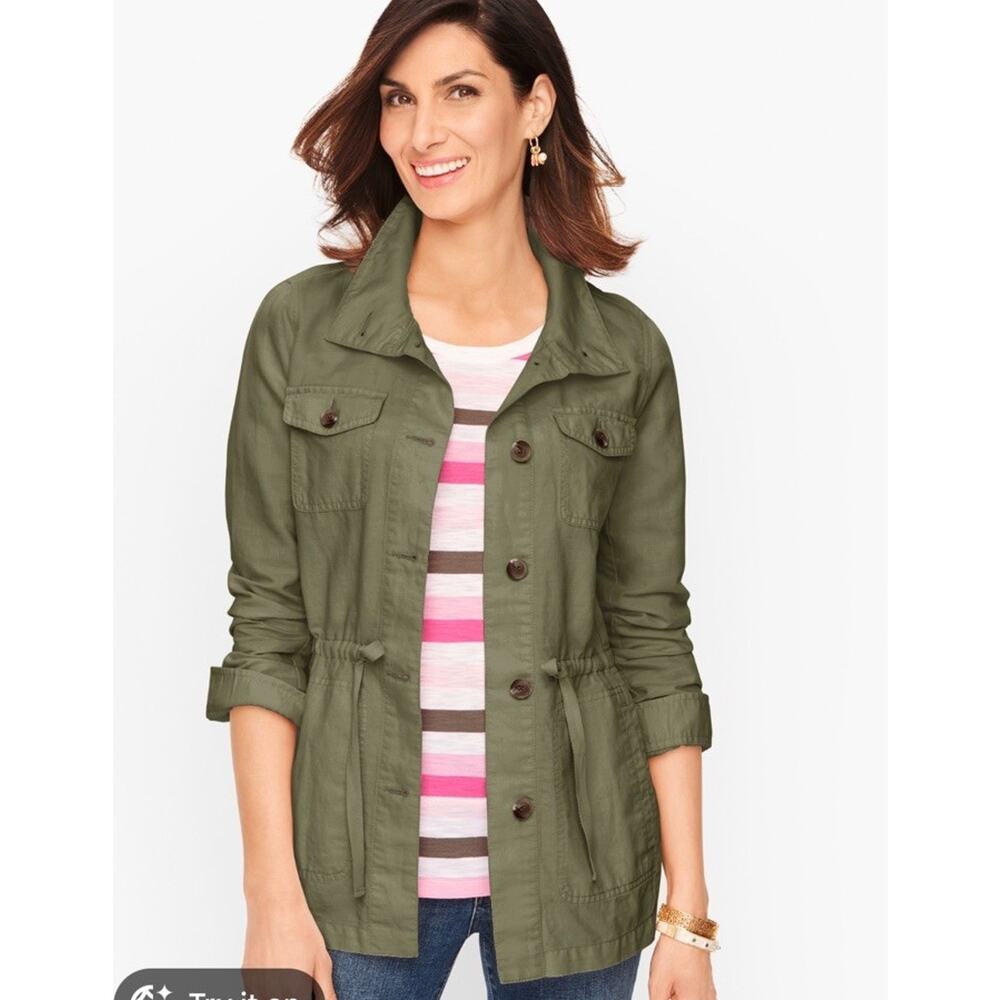 Talbots Womens Jacket Linen Cotton Lightweight Cinch Waist L Preppy Green